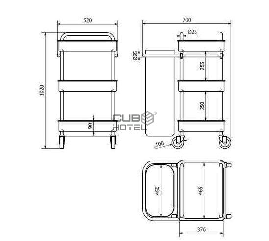 Metal Service Cart, 3 Shelves and 1 Bag